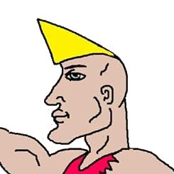 A crudely hand-drawn cartoon man's head in profile, reaching out